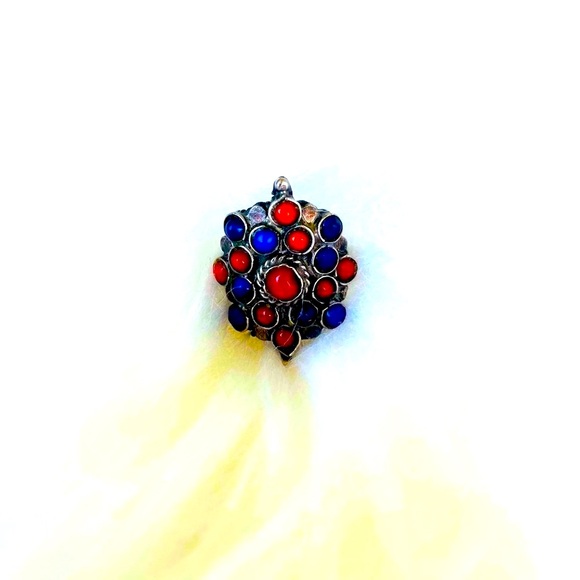 Himalayan Lapis and Coral Sterling Silver Vintage Ring Sz 6.5 - Picture 6 of 8